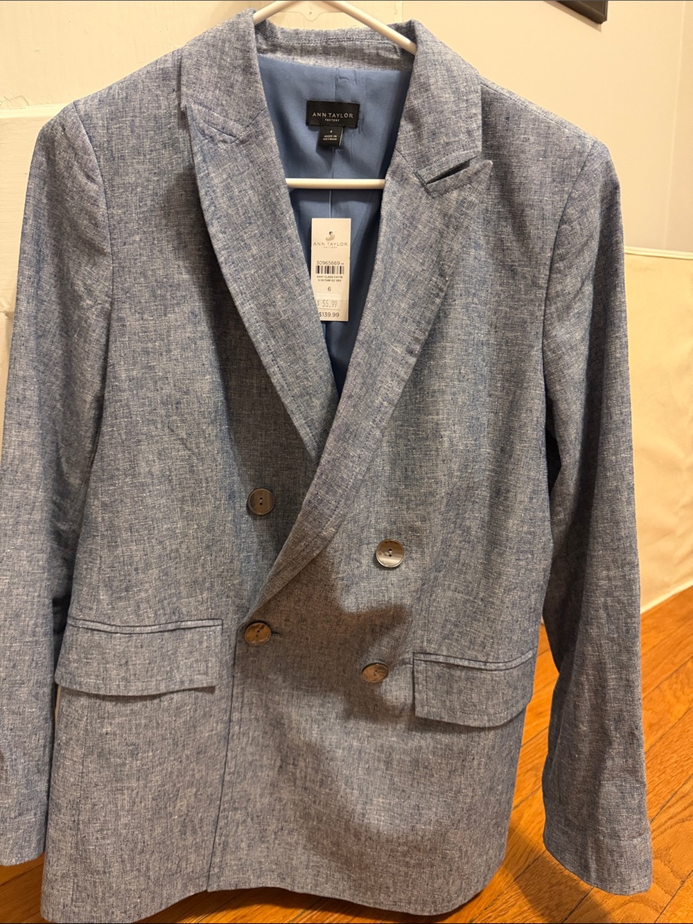 Ann Taylor Light Blue Double-Breasted Linen-Blend Blazer